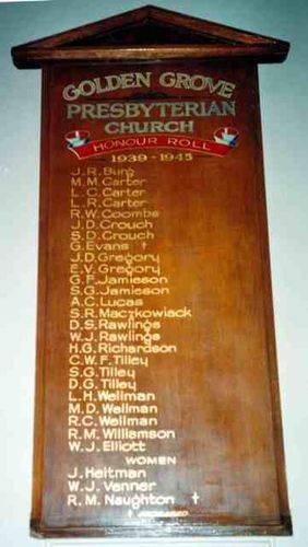 Golden Grove Presbyterian Church World War Two Roll of Honour : 09-July-2012
