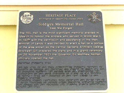 Ipswich Soldiers Memorial Hall Historical Plaque