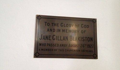 Jane Blakiston Plaque : December 2013