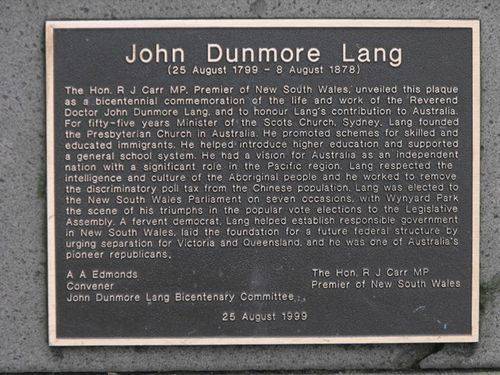 Reverend John Dunmore Lang Bicentennial Plaque