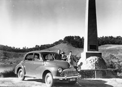 1948 : Three men and a 1948 Morris Oxford 'series MO' saloon : State Library of So